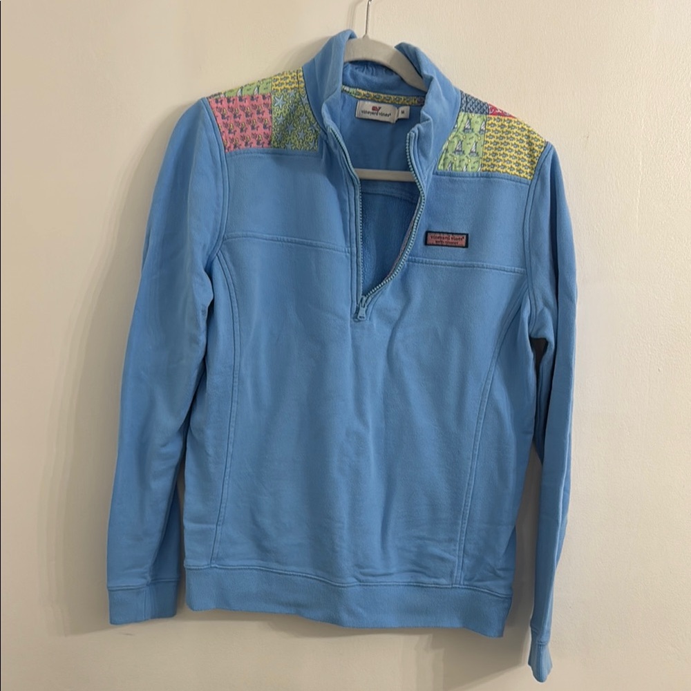 Vineyard Vines Blue Zip Up Sweater with Patchwork Details